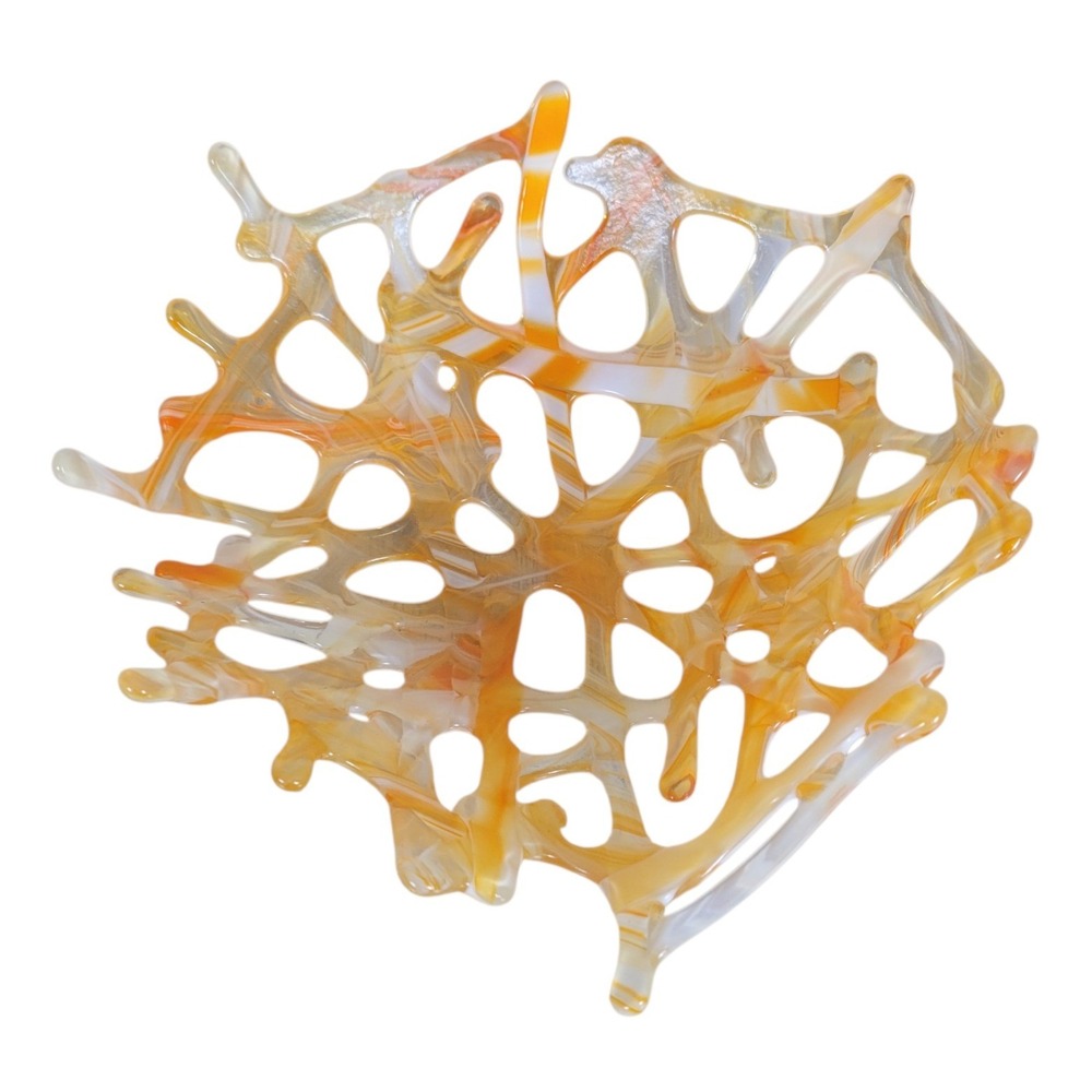 Handmade Fused Glass Coral Web Bowl Orange/Wht Swirl Centerpiece "6x6" HG10560‎